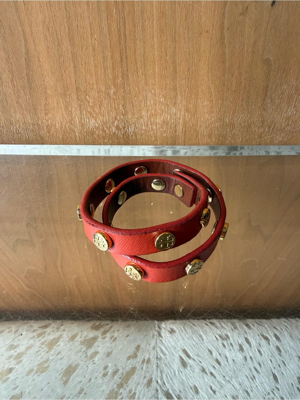Like New Tory Burch Tomato Red Double-Wrap Bracelet with Gold Logo Medallions